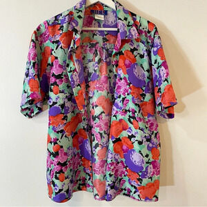Vintage 1980s HER 100% Silk Short Sleeve Floral Blouse Size L